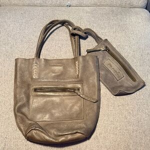 Free People Chic Olive Leather Tote with Zippered Pouch